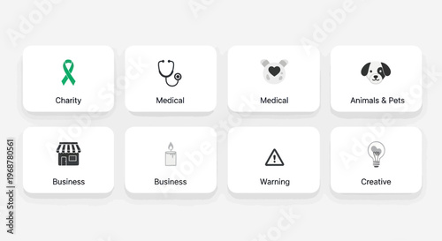 Collection of Icons: Charity, Medical, Business, Warning, Animals, Creative