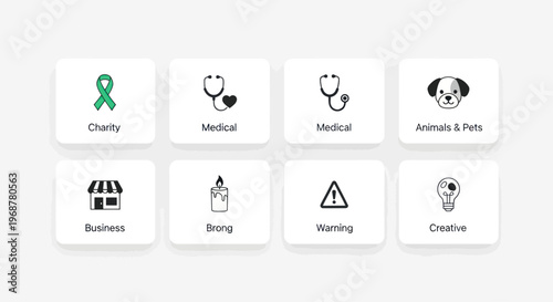 Collection of Icons: Charity, Medical, Business, Warning, Animals, Creative