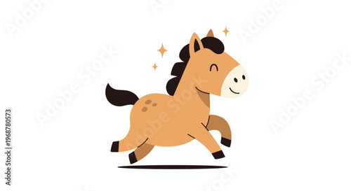 Friendly and happy brown horse galloping and running on a clean white background with sparkling stars for children stories.