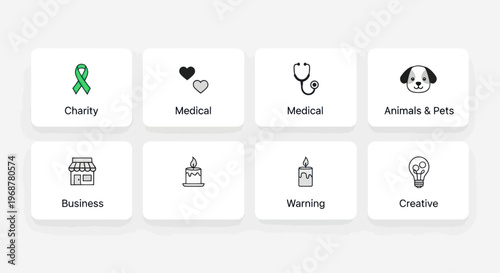 Collection of Icons: Charity, Medical, Business, Pets, Warring, Creative Concepts