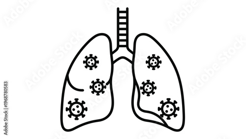 Simple line icon of human lungs infected with virus particles representing respiratory disease and health conditions.