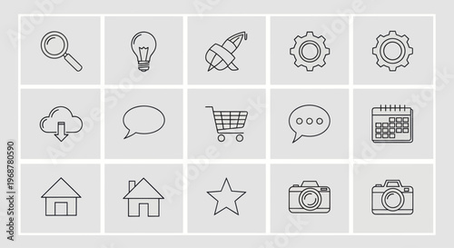 Collection of Outline Icons: Search, Idea, Rocket, Gears, Cloud, Chat, Cart, Calendar, Home, Star, Camera