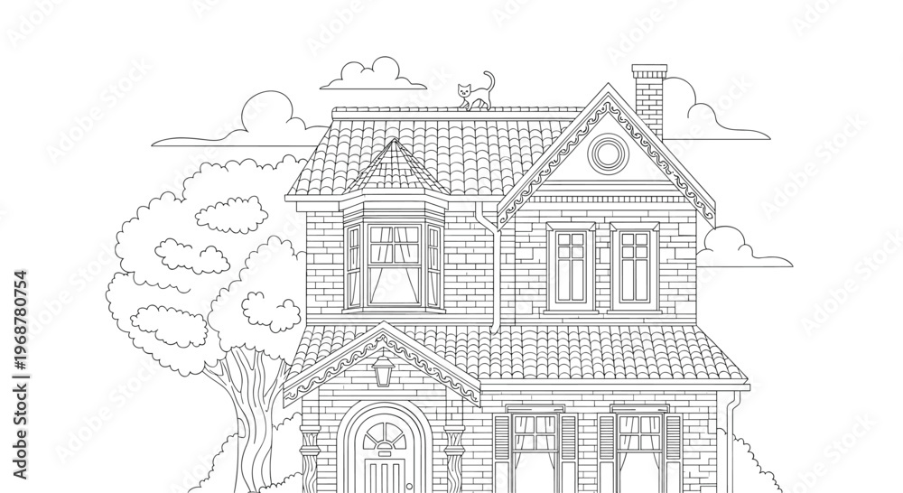 Naklejka premium Detailed black and white line drawing of a large Victorian style house with a tall tree and a cat sitting on the roof.