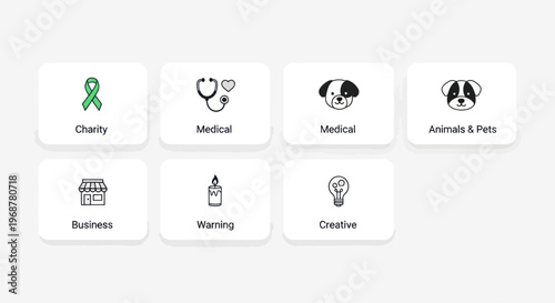 Collection of icons representing charity, medical, business, warning, creative, and pets