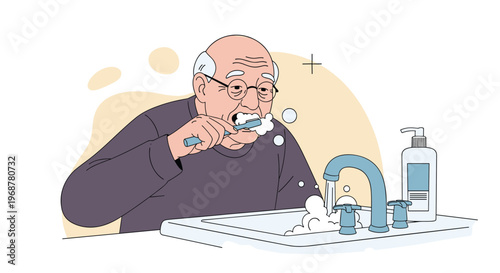 Elderly man diligently brushing his teeth at a bathroom sink with water running and soap nearby for daily oral hygiene.