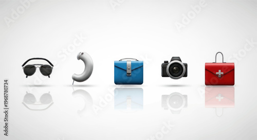 Collection of Icons: VR Glasses, Ear, Briefcase, Camera, First Aid Kit