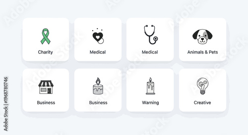 Collection of Flat Icons for Business, Health, Charity, and Creative Ideas