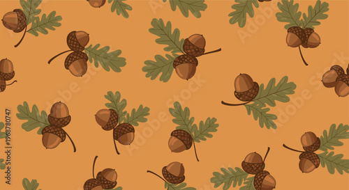 Autumnal seamless pattern featuring clusters of brown acorns and green oak leaves on a warm solid orange background.