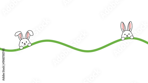 Adorable illustration of two white rabbits peaking their heads over a waving green line or hill on a clean white background.