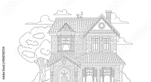 Detailed black and white line drawing of a large Victorian style house with a tall tree and a cat sitting on the roof.