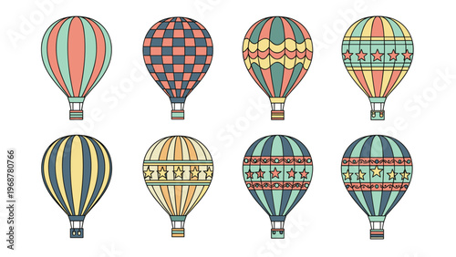 Collection of eight colorful hot air balloons with various patterns and designs for festival and travel themes.