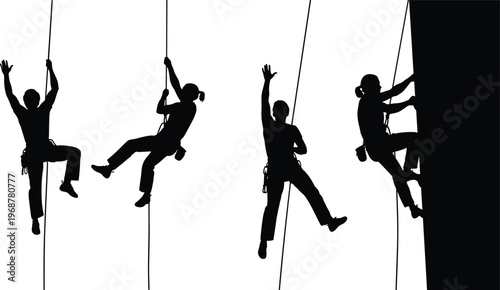 Rock climbing silhouette set featuring mountaineers on ropes, rappelling athletes, extreme sports climbers, outdoor bouldering activities, and mountain adventure vector icons.