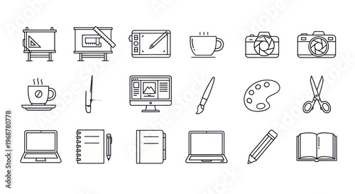 Creative Tools and Office Supplies Icon Set