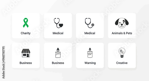 Collection of vector icons: charity, medical, animals, business, warning, creative