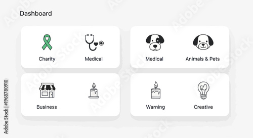 Dashboard UI elements with icons for charity, medical, business, animals, warning, creative