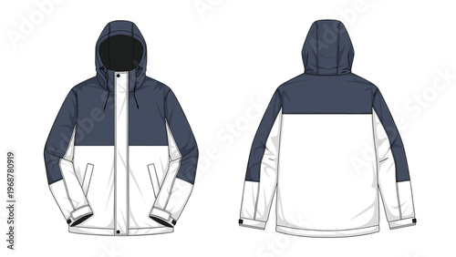 Technical drawing of a two-tone hooded sports jacket with front and back views in navy blue and white colors.
