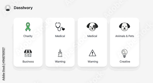 Concept Icons: Charity, Medical, Business, Animals, Warning, Creative, Candle
