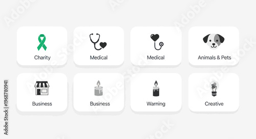 Concept Icons: Charity, Medical, Business, Animals, Warning, Creative