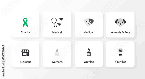 Collection of modern flat icons for web design and apps: Charity, Medical, Business, Animals