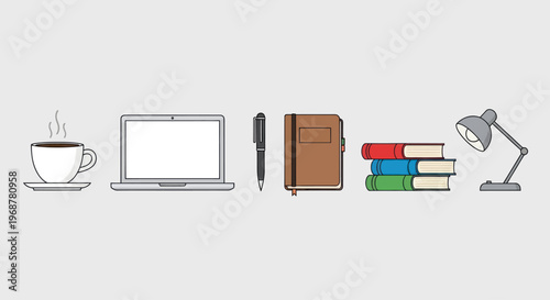 Desk Setup: Coffee, Laptop, Books, Lamp, Pen - Minimalist Workspace Illustration