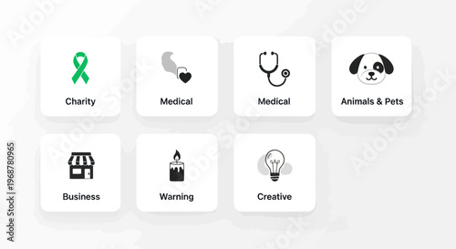 Collection of modern flat icons representing charity, medical, business, warning, creation, and pets.