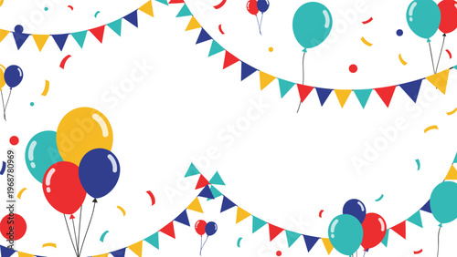 Festive celebration background with colorful balloons, bunting flags, and confetti scattered on a white surface.