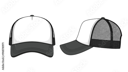 Front and side view technical templates of a mesh trucker cap for apparel branding and design mockups on a white background.