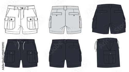 Technical illustration of cargo shorts shown in multiple colors and views including front, back, and side perspectives.