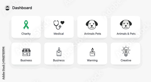 Dashboard UI Icons: Charity, Medical, Pets, Business, Warning, Creative