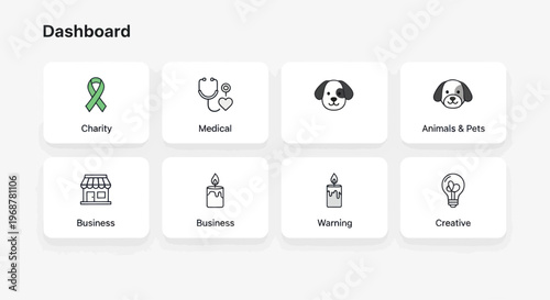 Dashboard UI with Icons: Charity, Medical, Pets, Business, Warming, Creative