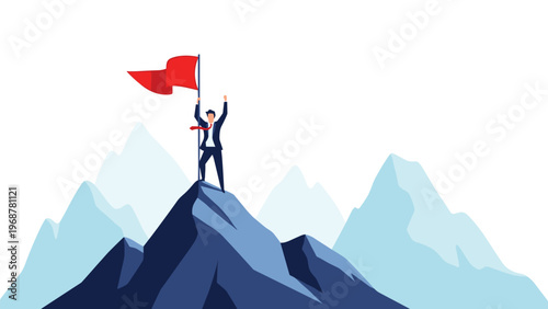 Successful businessman standing on top of a mountain peak holding a red flag representing achievement and business goals.