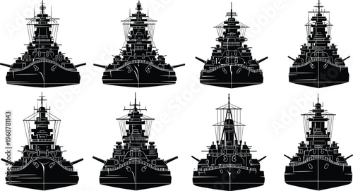 Military battleship silhouette set featuring naval warship icons, front view vessel outlines, armored navy destroyer graphics, and maritime combat vector illustrations.