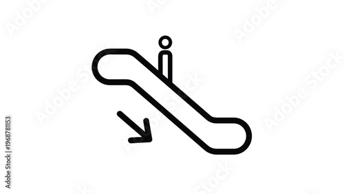 Minimalist black icon of a person on an escalator moving downwards with a diagonal arrow on a white background.