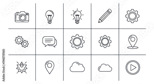 Creative Idea Icons Set: Camera, Lightbulb, Pencil, Gears, Chat, Cloud, Location, Play Button