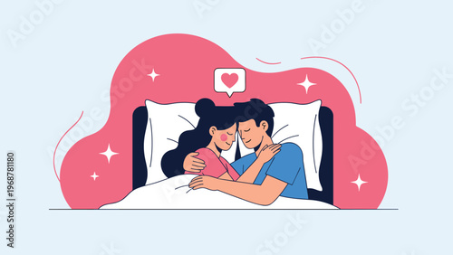 Romantic illustration of a couple hugging in bed with a heart symbol representing love intimacy and a happy relationship.