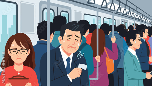 Illustration of tired and stressed passengers commuting on a crowded subway train during rush hour in a city.