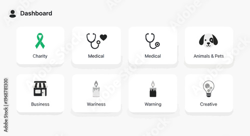 Dashboard with Icons: Charity, Medical, Business, Animals, Wellness, Flaming, Creative