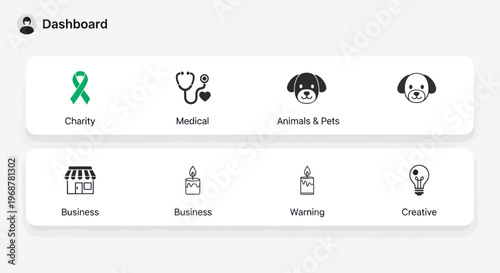 Dashboard with Icons: Charity, Medical, Pets, Business, Warning, Creative