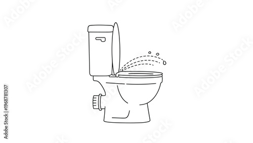 Line art illustration of a toilet bowl leaking water representing plumbing problems or home maintenance issues.