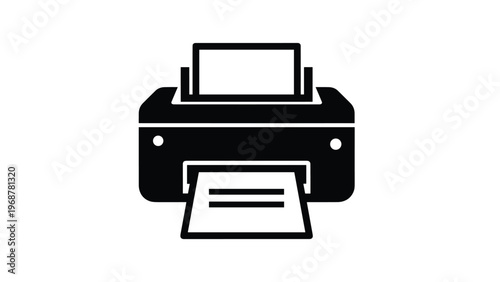 Simple black printer icon with a piece of paper being printed representing office equipment and document services.