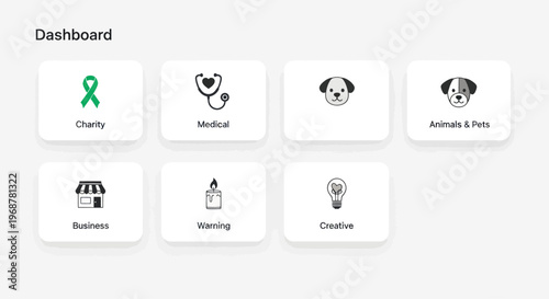 Dashboard with Icons: Charity, Medical, Pets, Business, Warning, Creative