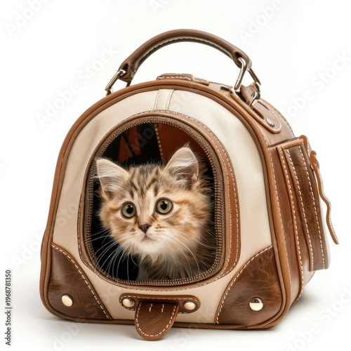 Fluffy cat in enclosed carrier, transport safety and animal care concept, clean background.