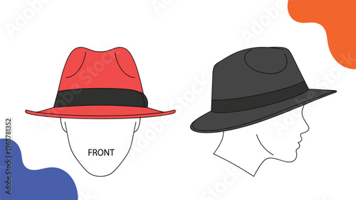 Modern illustration of stylish fedora hats in red and black colors shown from different angles on mannequin heads.