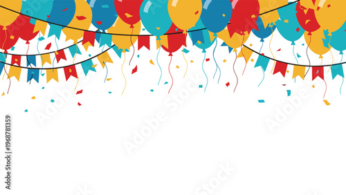 Vibrant and festive party background with colorful balloons and hanging bunting flags across the top of the frame.