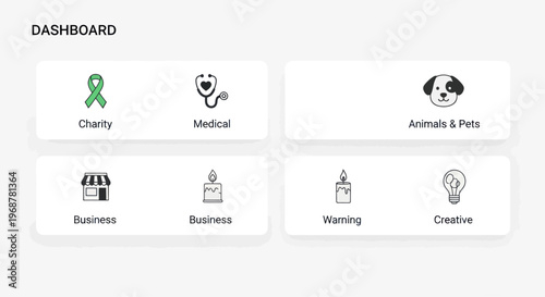 Dashboard with icons for Charity, Medical, Animals, Business, Warning, Creative