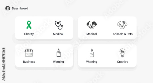 Dashboard with icons for charity, medical, business, and creative ideas