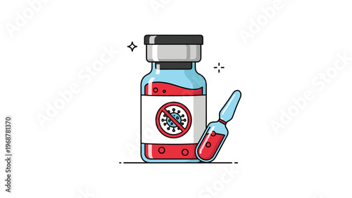 Medical illustration of a vaccine vial and ampoule with a virus prohibition sign on the label for immunization.