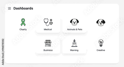 Dashboard with icons for charity, medical, animals, business, warning, creative