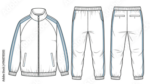 Detailed technical drawing of a tracksuit set including a zippered jacket and pants from both front and back views.
