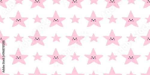 Vector seamless pattern with cute smiling pink star characters on white background. Playful kawaii celestial print for kids fabric, nursery decor, birthday wrapping paper, stationery and wallpaper.